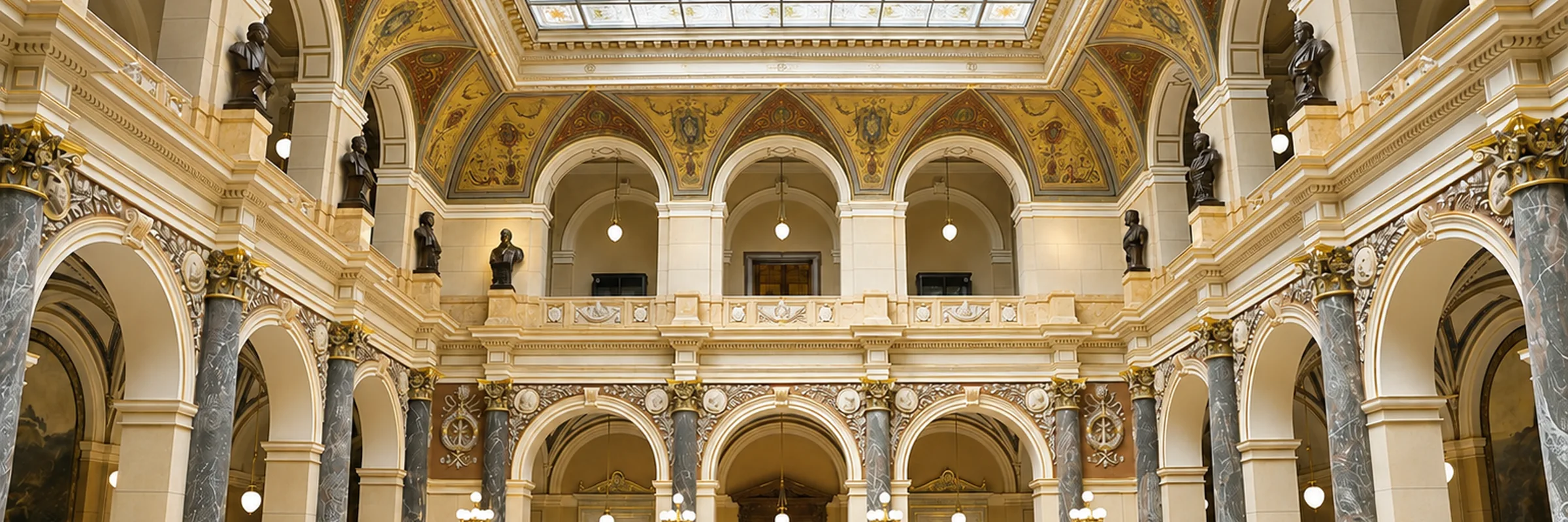 A neoclassical hall: glazed roof, arcaded galleries, marble columns and gilded cornices