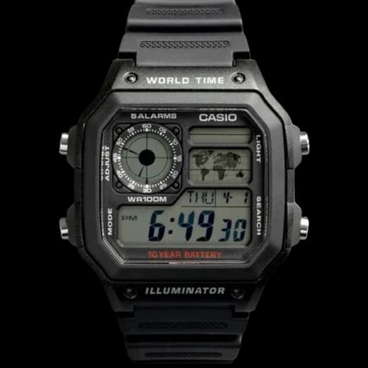 Casio AE-1200 World Time, digital display in a black resin case