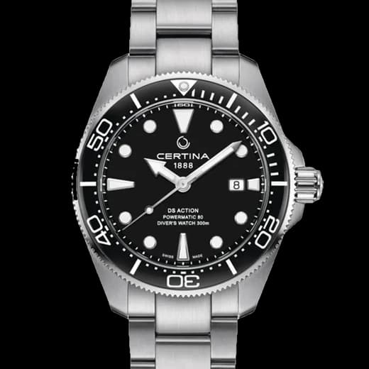Certina DS Action Diver, black dial and ceramic bezel on a steel bracelet