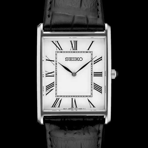 Seiko SWR049, white dial with black Roman numerals in a rectangular steel case on a black leather strap